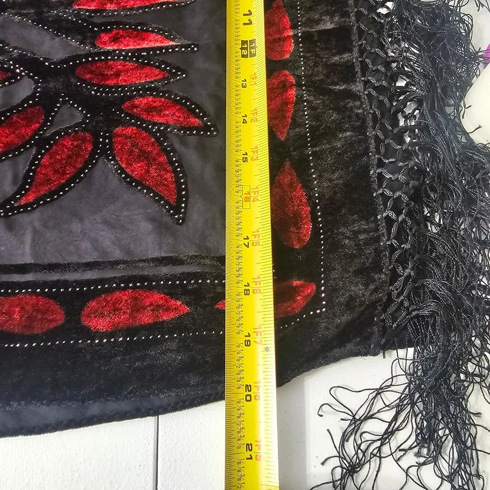 Silk Velvet Burnout Shawl Scarf OS Black Red Gothic Art Deco Flapper Fringe